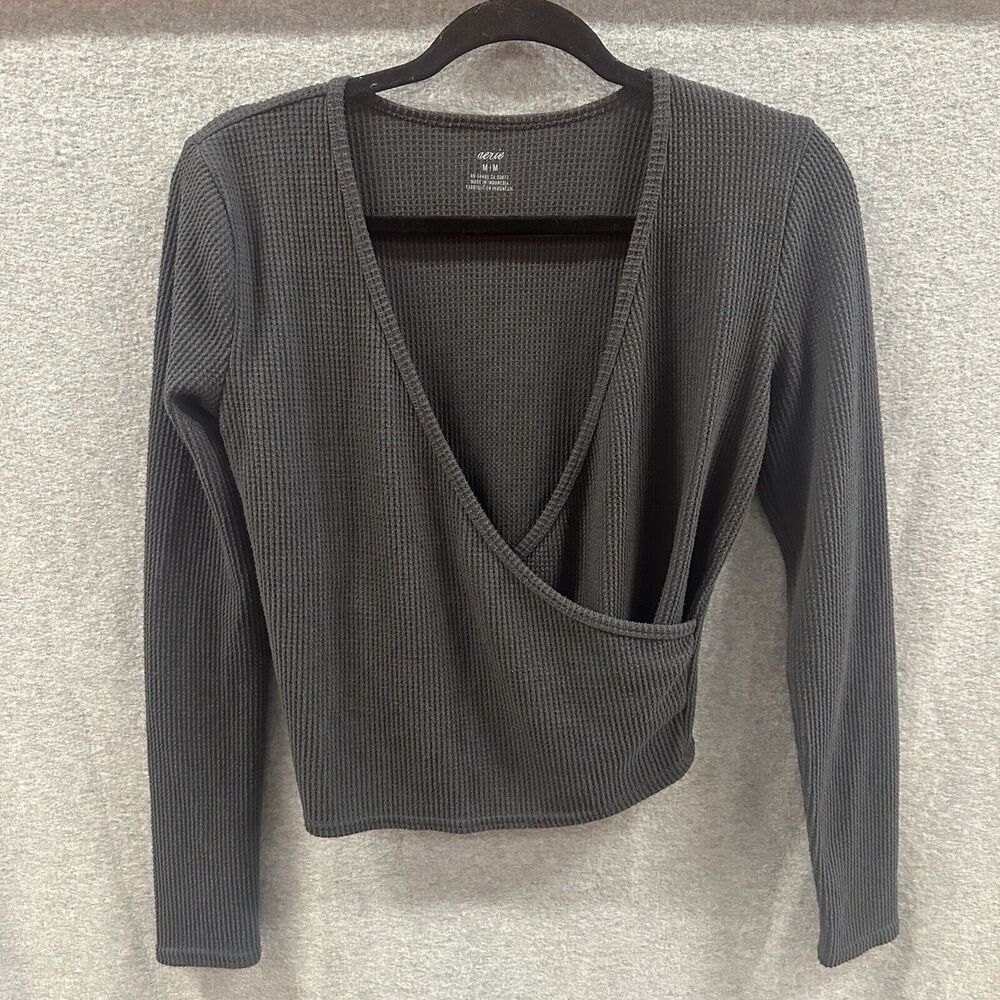 Aerie Gray Long Sleeve Wrap Top